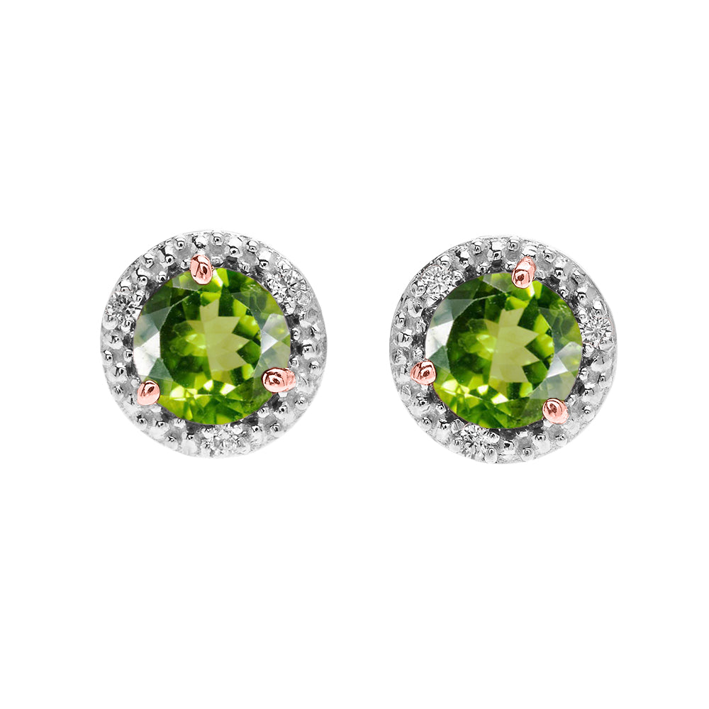 Halo Stud Earrings in Two-Tone Rose Gold with Solitaire Peridot and Diamonds