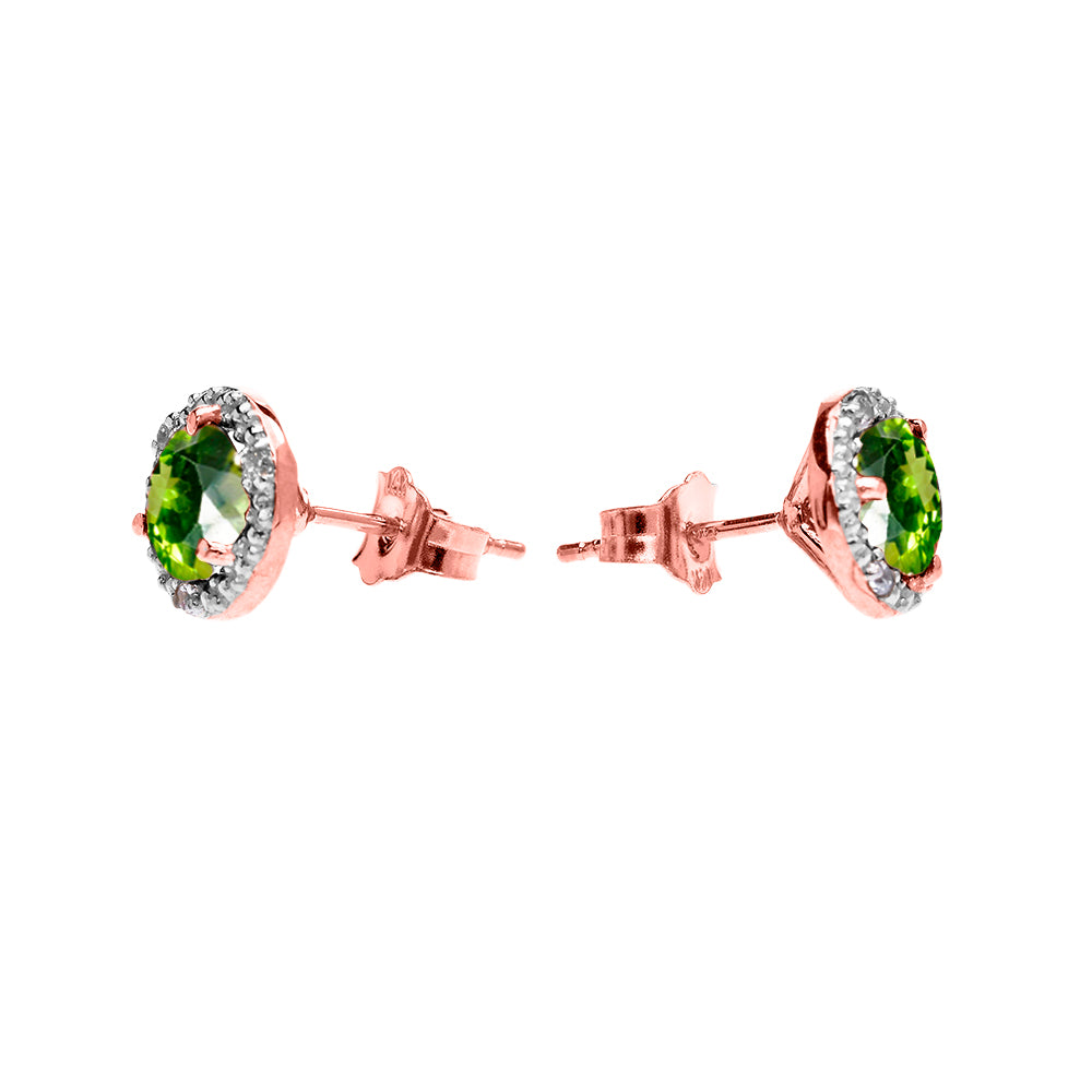 Halo Stud Earrings in Two-Tone Rose Gold with Solitaire Peridot and Diamonds, view 2
