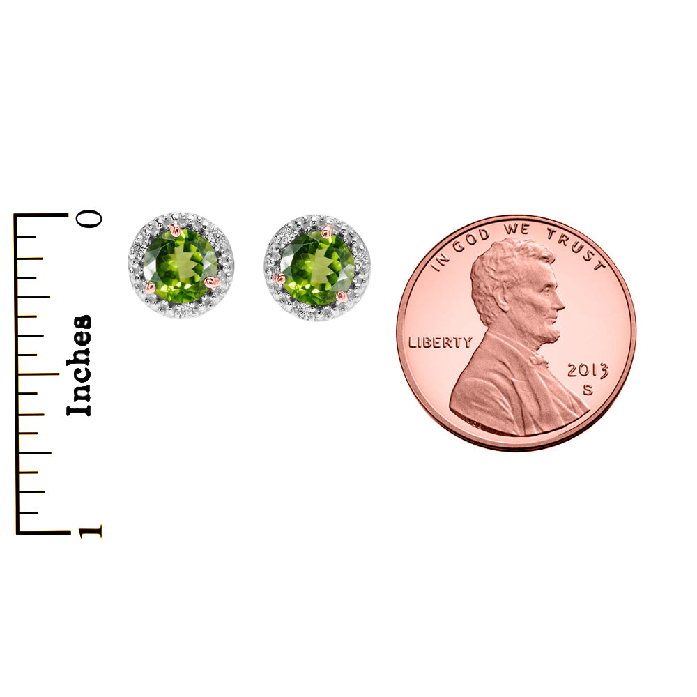 Halo Stud Earrings in Two-Tone Rose Gold with Solitaire Peridot and Diamonds, view 3