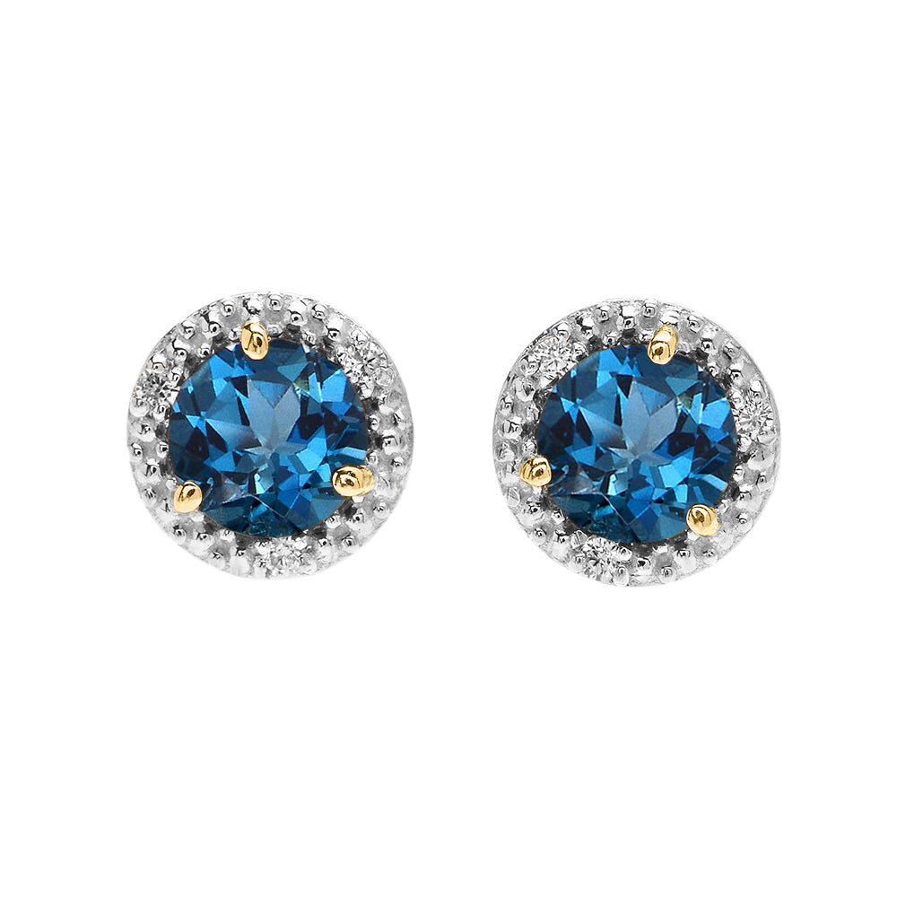Halo Stud Earrings in Two-Tone Yellow Gold with Solitaire London Blue Topaz and Diamonds