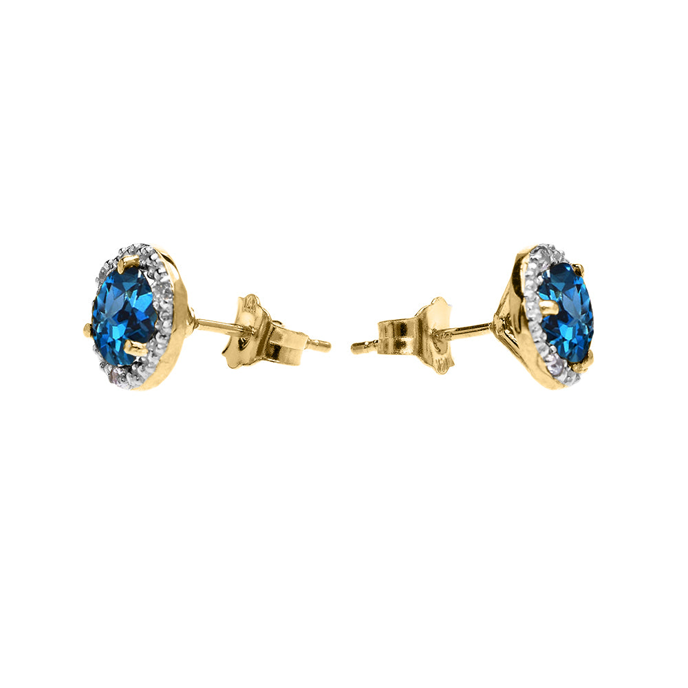 Halo Stud Earrings in Two-Tone Yellow Gold with Solitaire London Blue Topaz and Diamonds, view 2