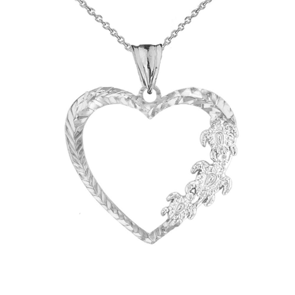 Hawaiian Honu Turtles Heart Pendant Necklace in Sterling Silver