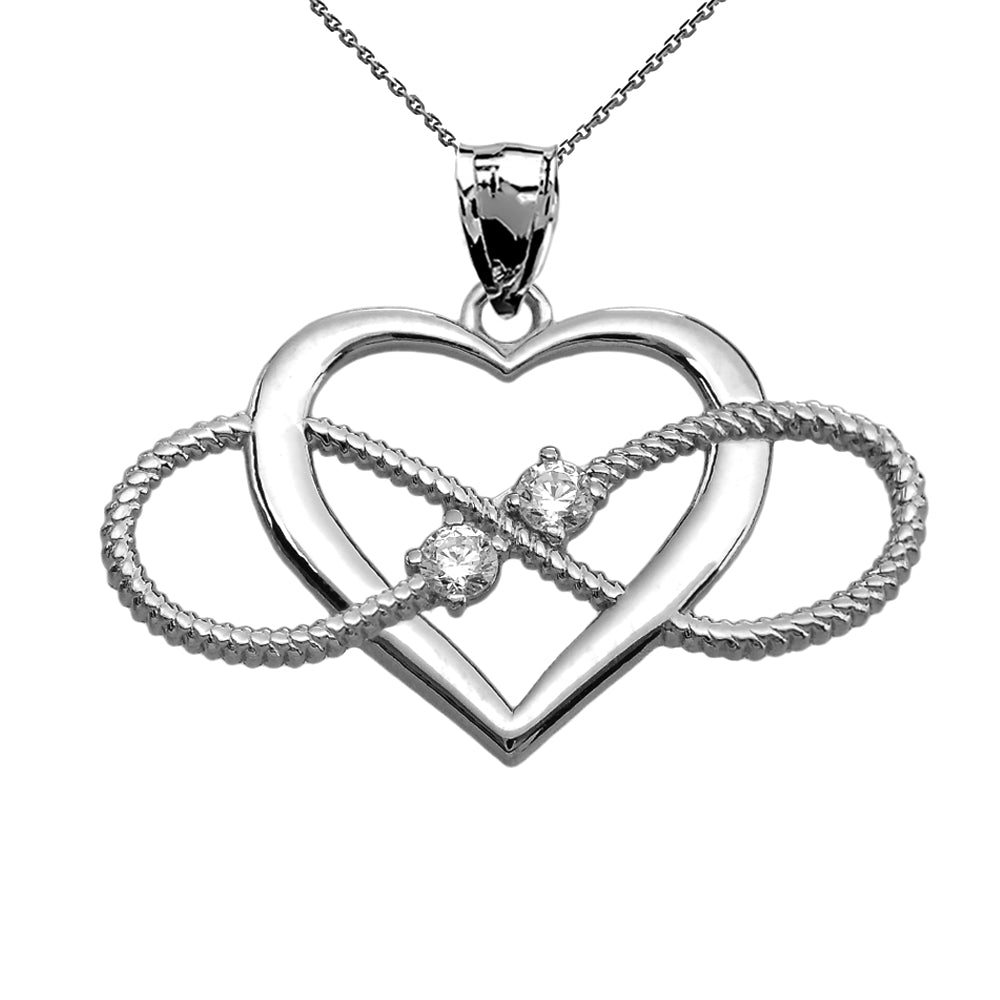 Heart and Infinity White Gold and CZ Rope Design Pendant Necklace