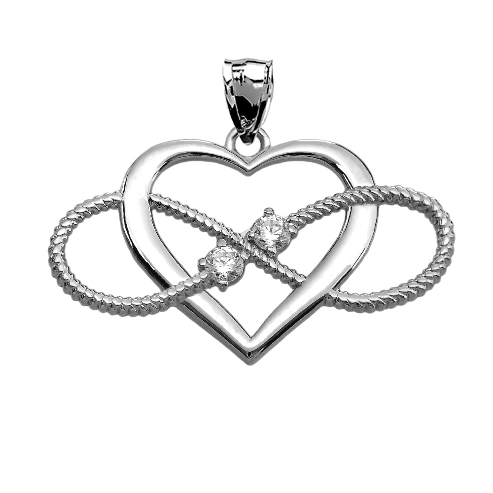 Heart and Infinity White Gold and CZ Rope Design Pendant Necklace, view 2
