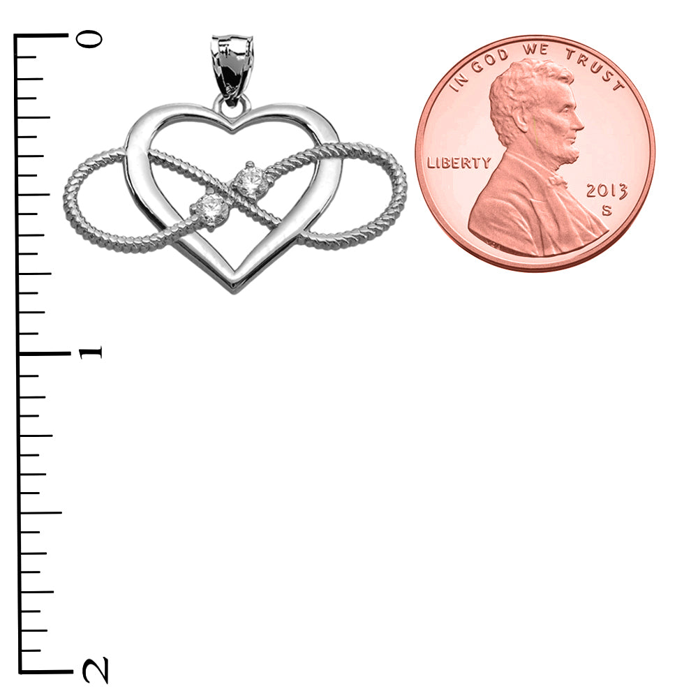 Heart and Infinity White Gold and CZ Rope Design Pendant Necklace, view 3
