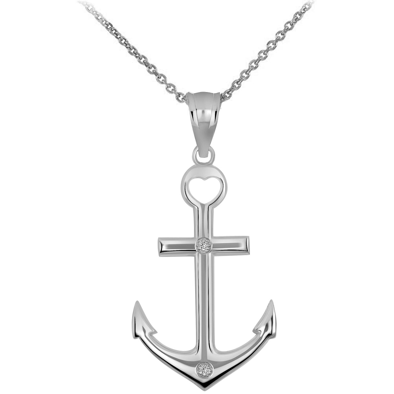 High Polished Sea Anchor CZ Pendant Necklace in Sterling Silver