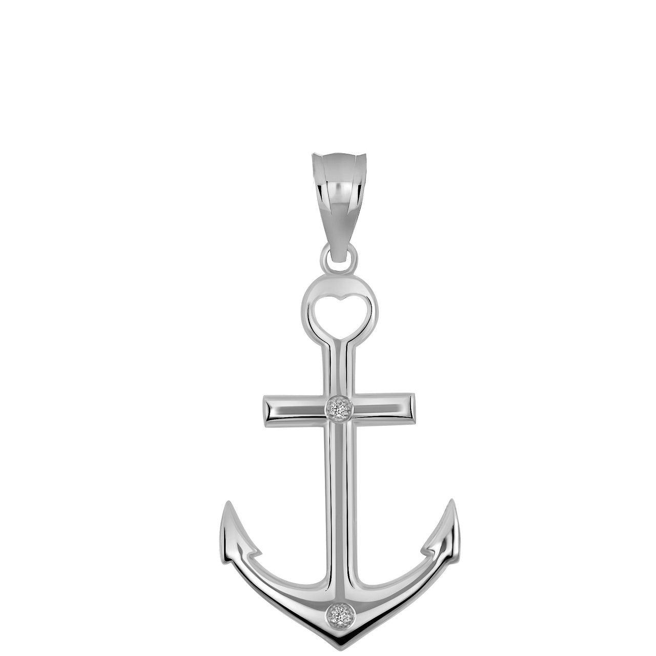 High Polished Sea Anchor CZ Pendant Necklace in Sterling Silver, view 2