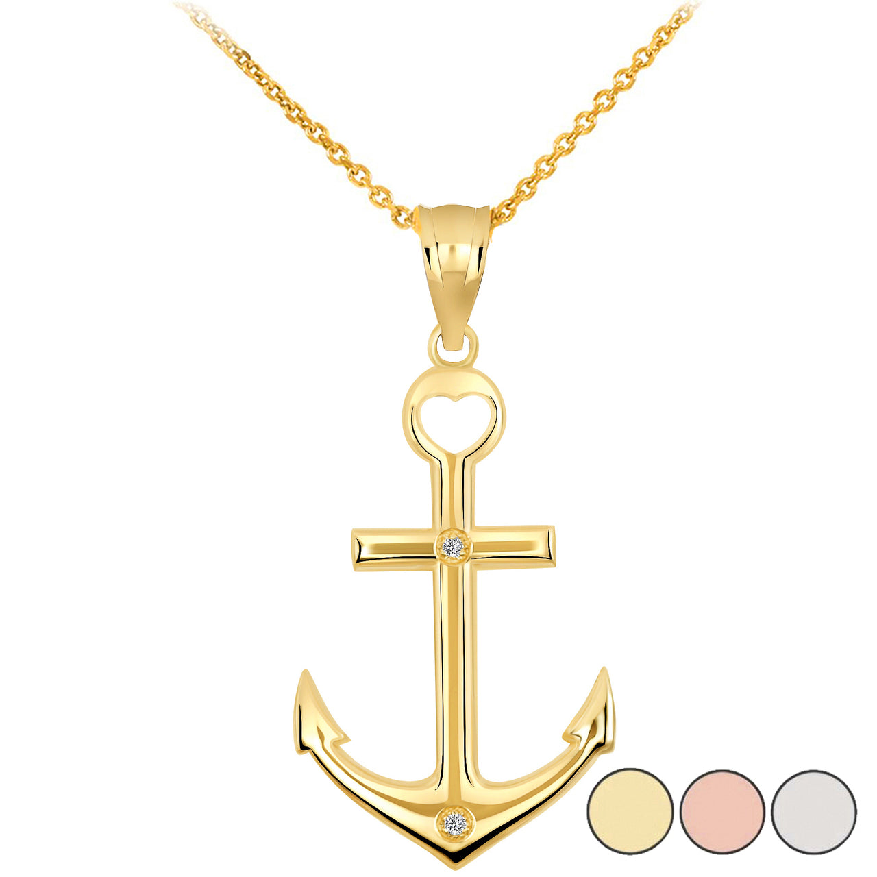 High Polished Sea Anchor Diamond Pendant Necklace in Gold