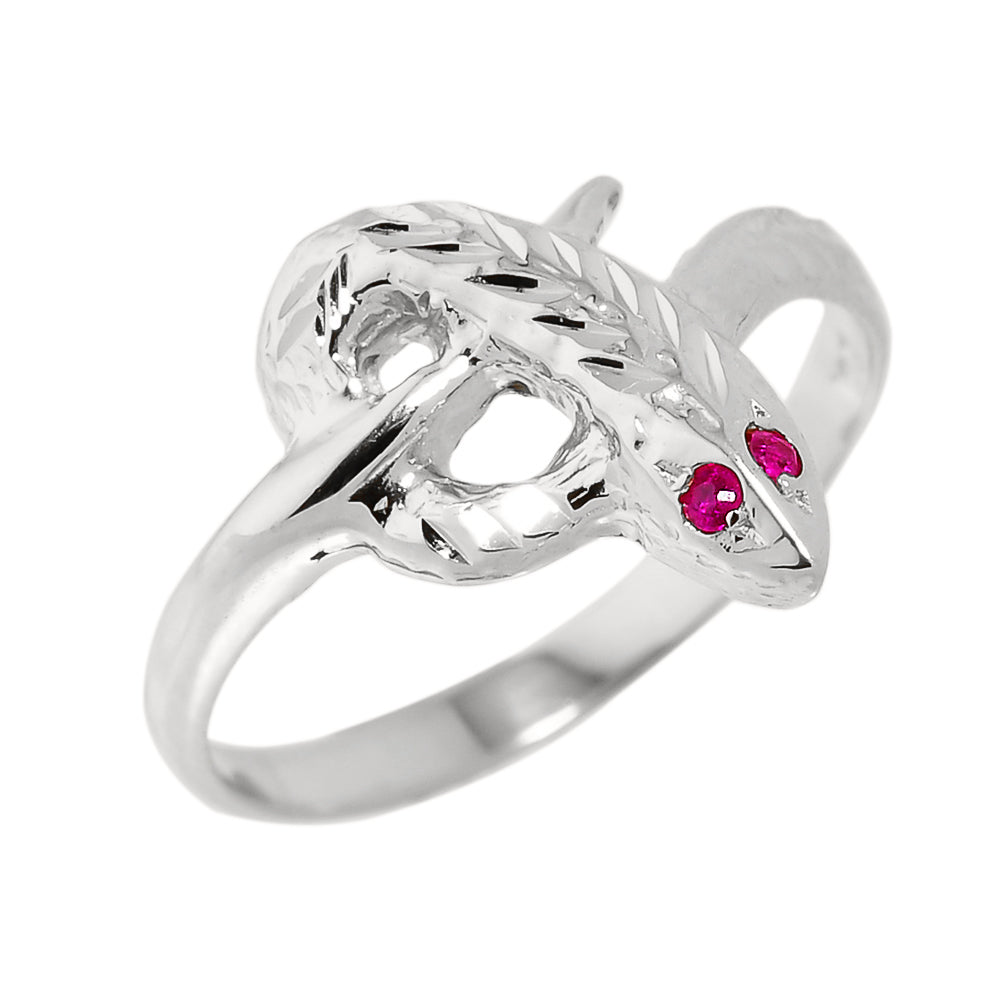 High Polished White Gold Diamond-Cut Snake Ring