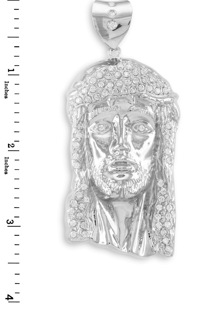 Iced-out Sterling Silver Jesus Face Men's Large CZ Pendant, view 2