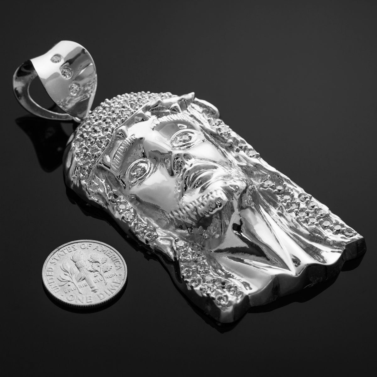 Iced-out Sterling Silver Jesus Face Men's Large CZ Pendant, view 3