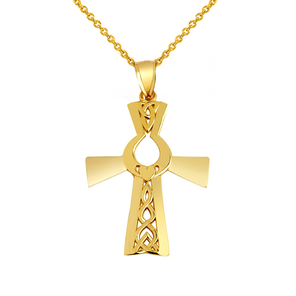 Irish Gold Cross With Claddagh Pendant Necklace