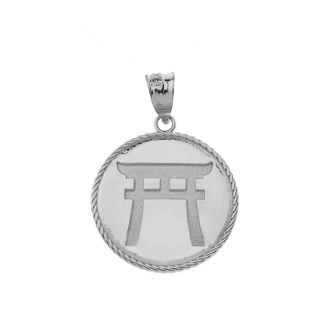 Japanese Torii Shinto Gate Disc Pendant Necklace in Sterling Silver, view 2