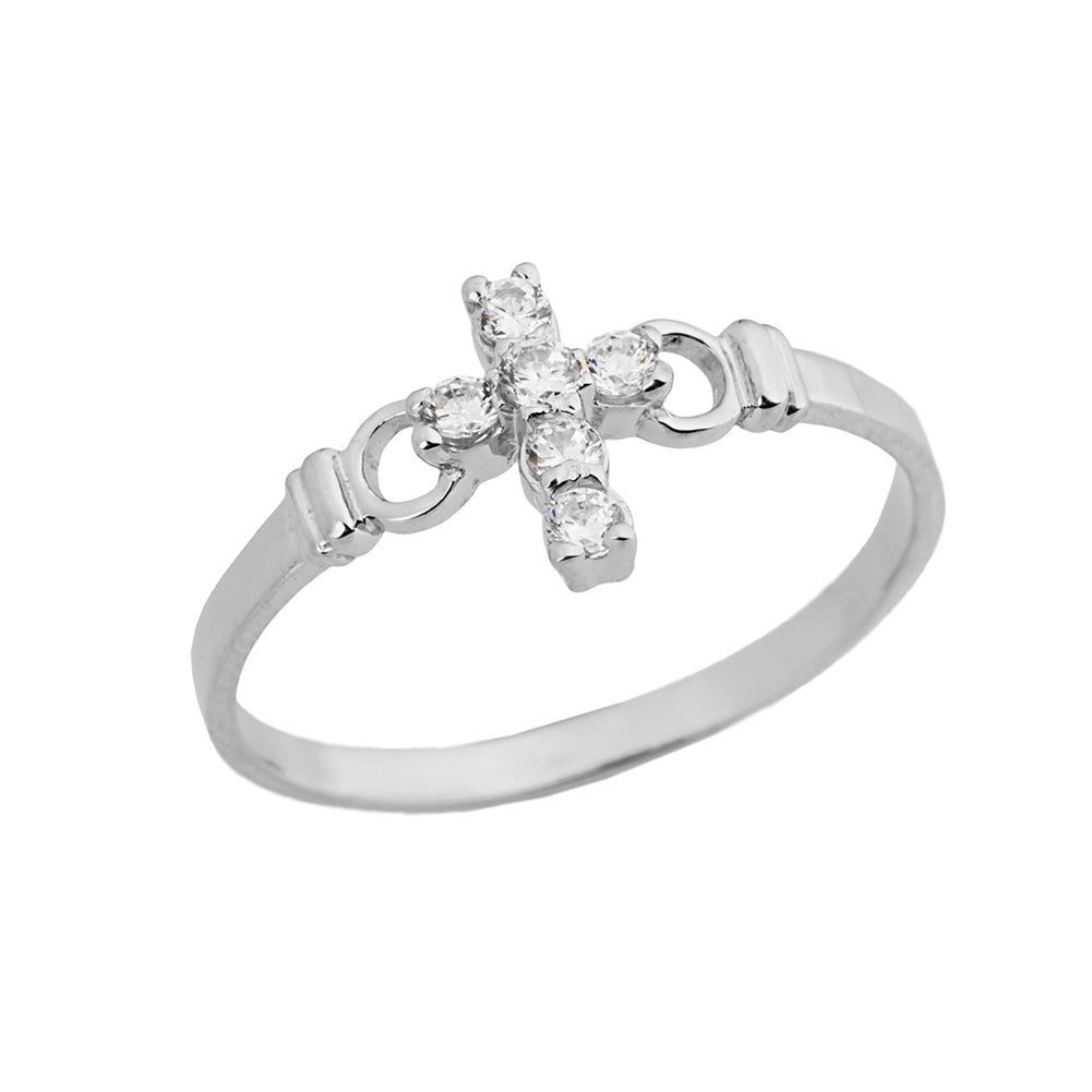 Ladies Purity Cross Ring With CZ In Sterling Silver