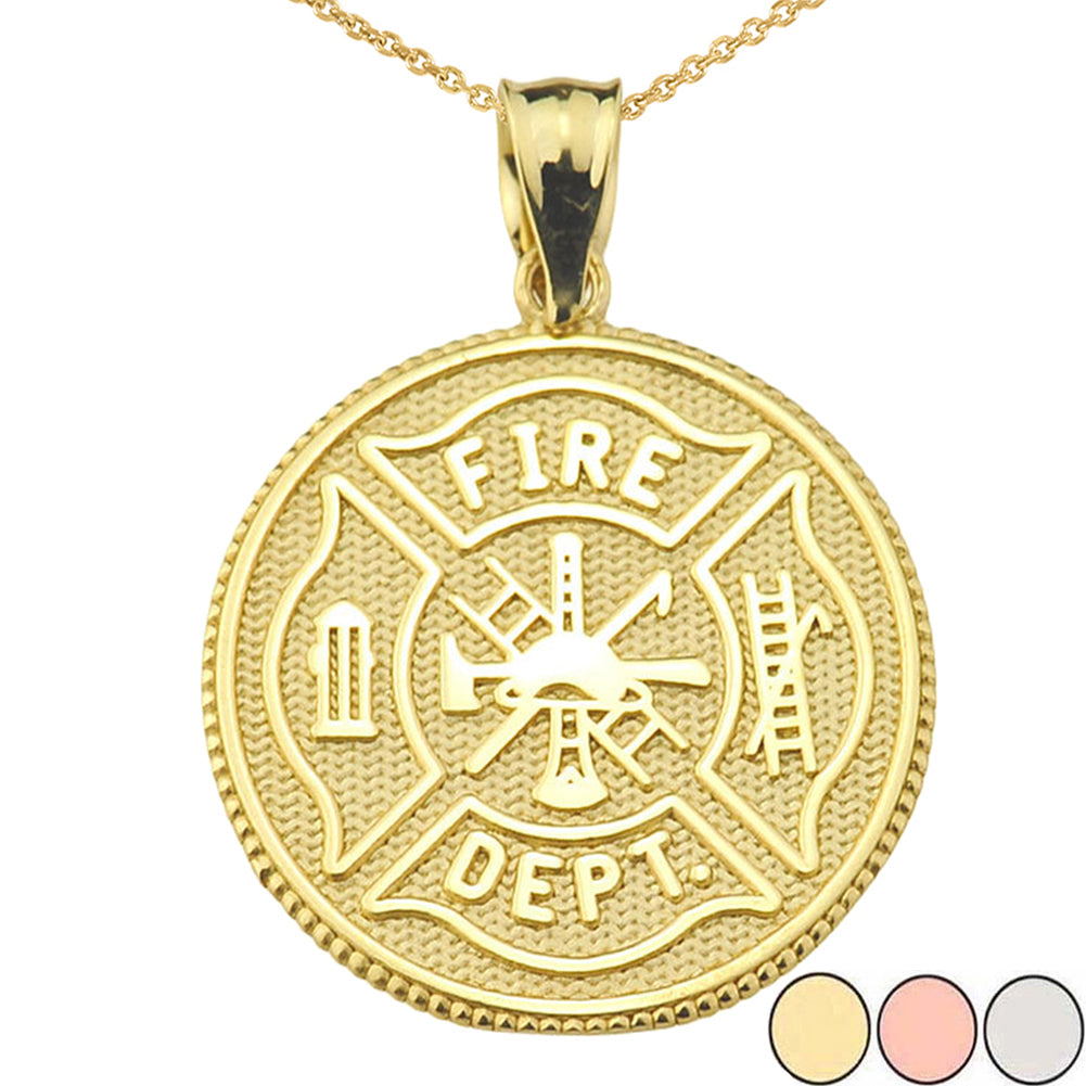 LARGE US FIREFIGHTER MALTESE CROSS DOUBLE-SIDED PRAYER COIN PENDANT NECKLACE in Solid Gold