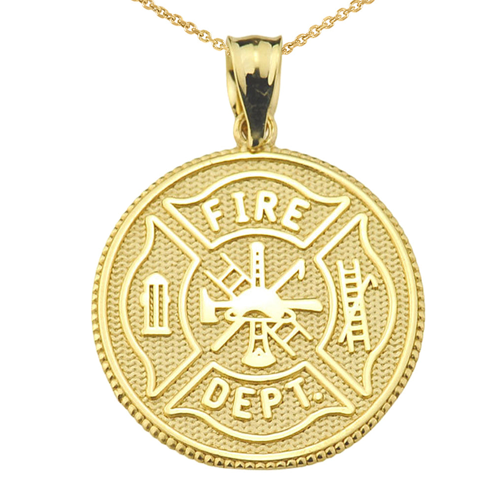 LARGE US FIREFIGHTER MALTESE CROSS DOUBLE-SIDED PRAYER COIN PENDANT NECKLACE in Solid Gold, view 2