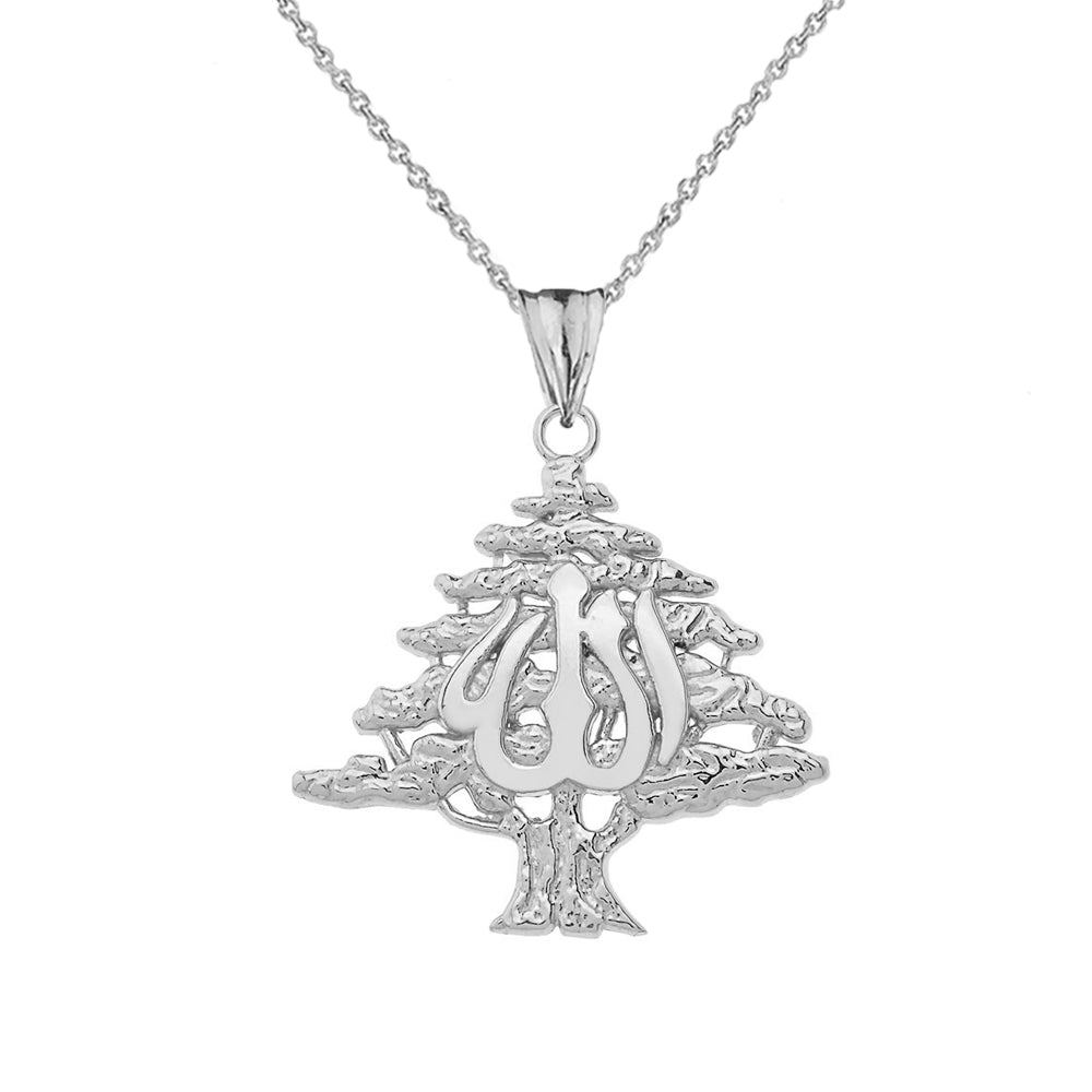 Lebanese Cedar Tree With (ALLAH)Pendant Necklace In Sterling Silver