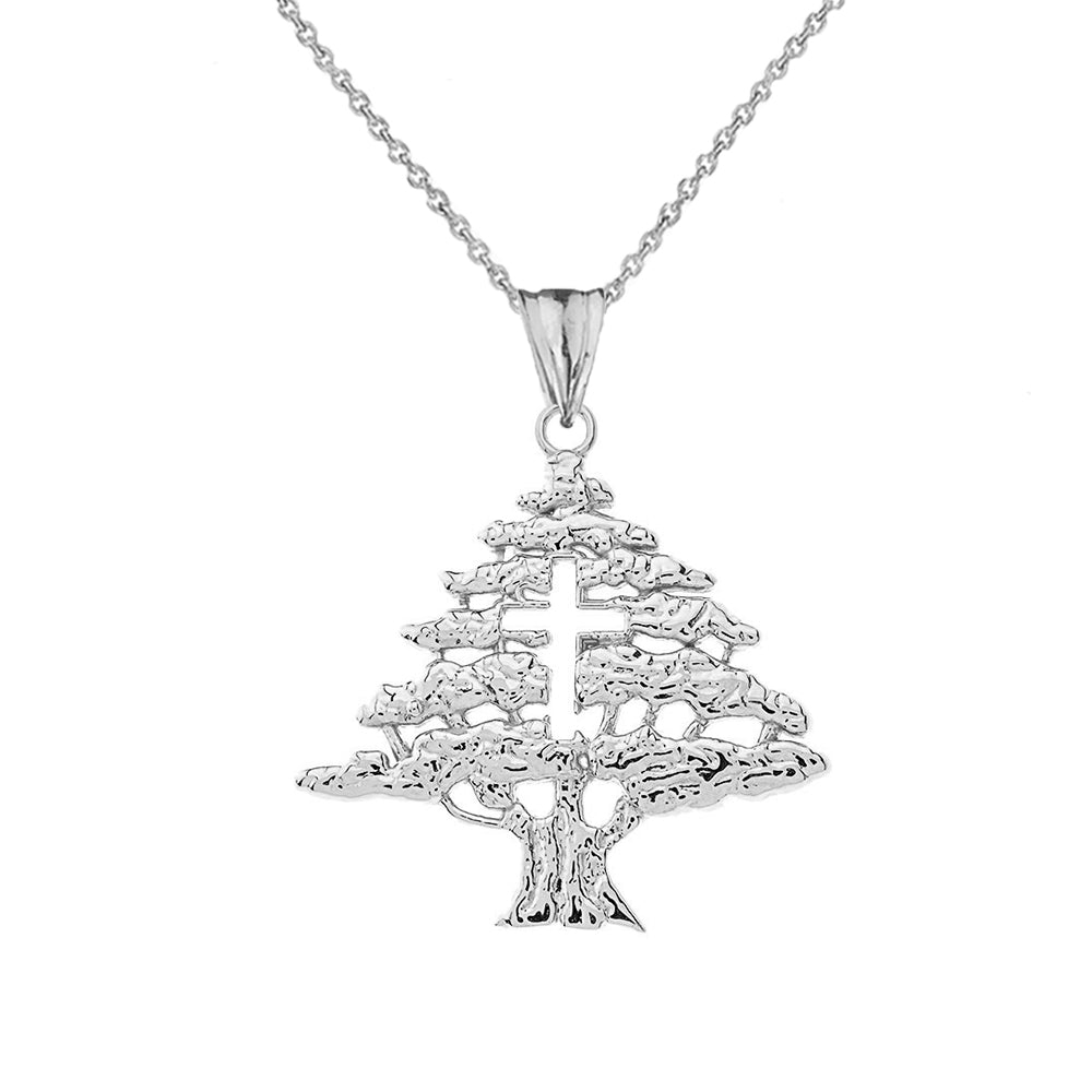 Lebanese Cedar Tree With Cut out Cross Pendant Necklace In Sterling Silver