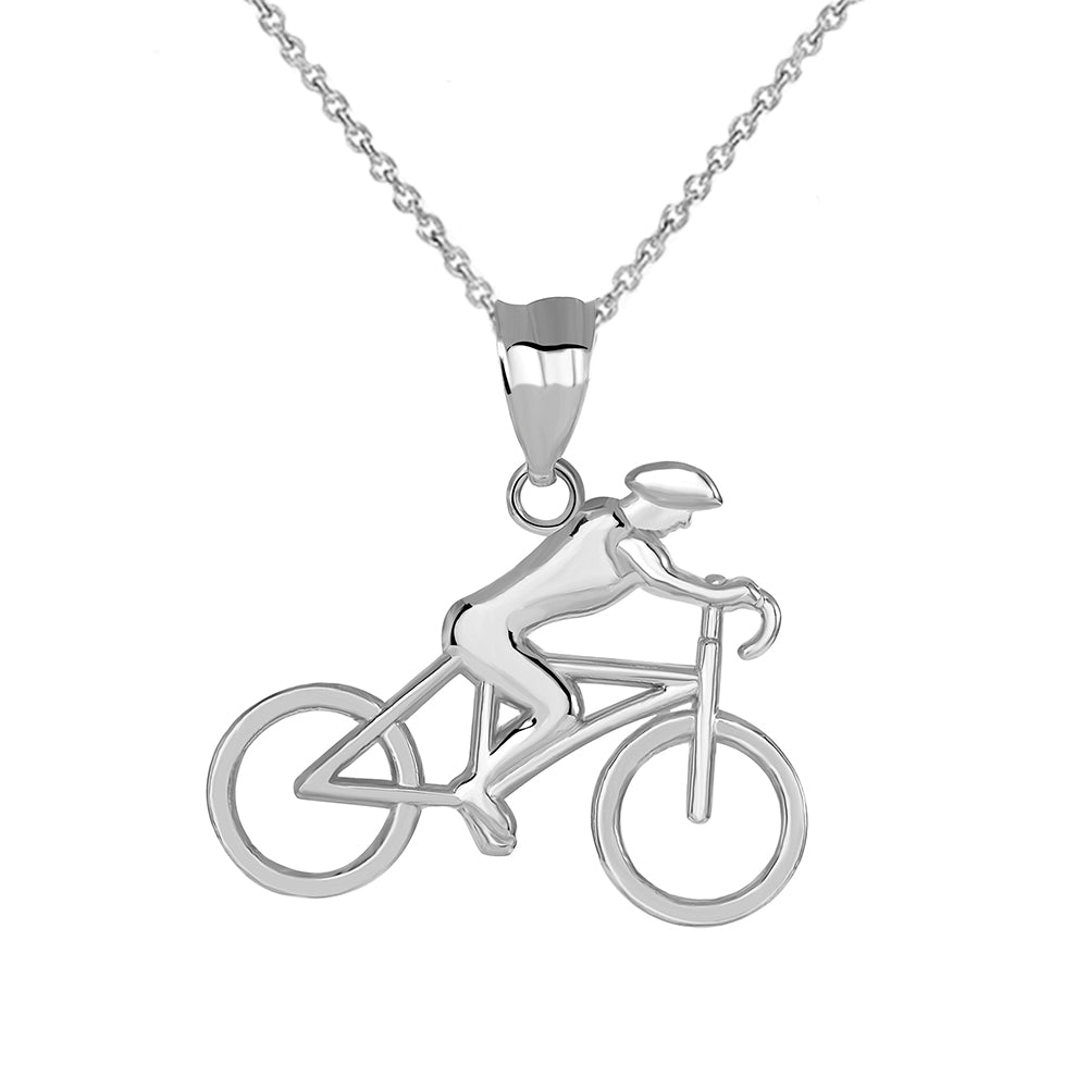 Male Cyclist Sports Pendant Necklace in Sterling Silver