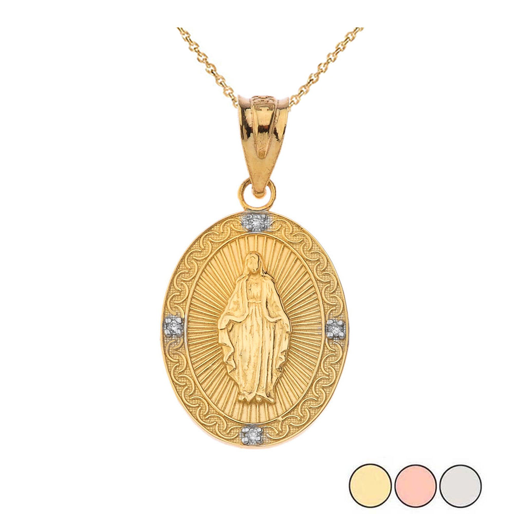 Mary Mother of Jesus Oval Diamond in Gold Pendant Necklace