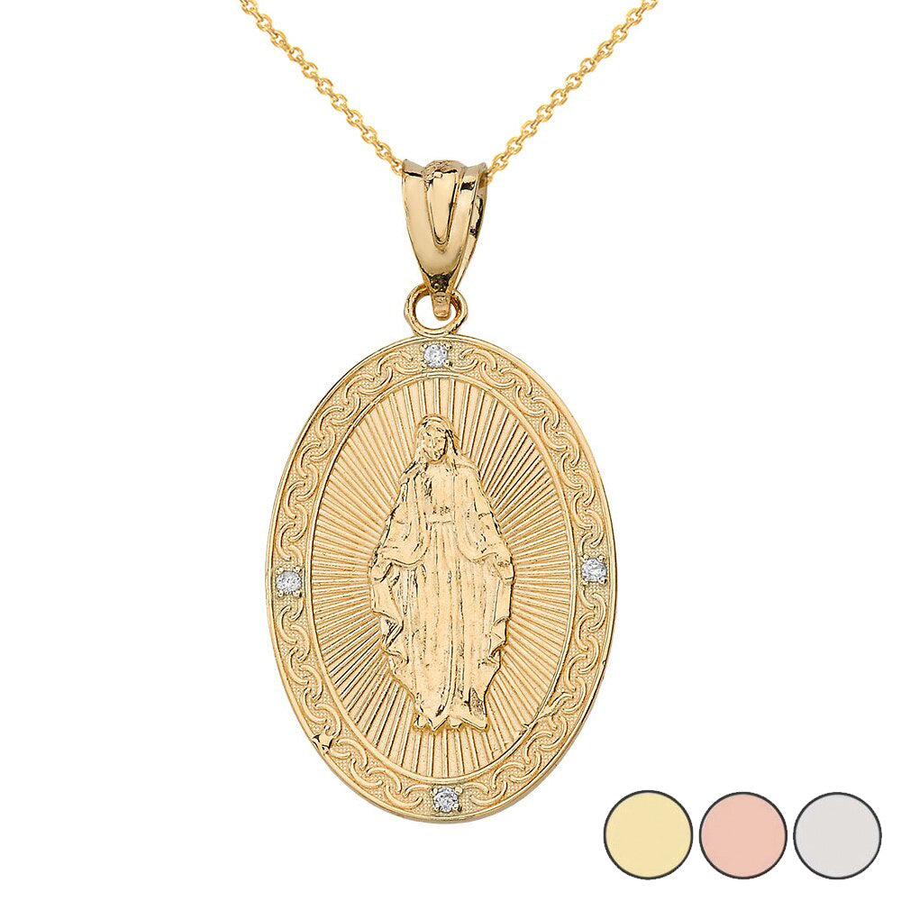 Mary Mother of Jesus Oval Medallion Diamond Pendant Necklace (Small) in Solid Gold
