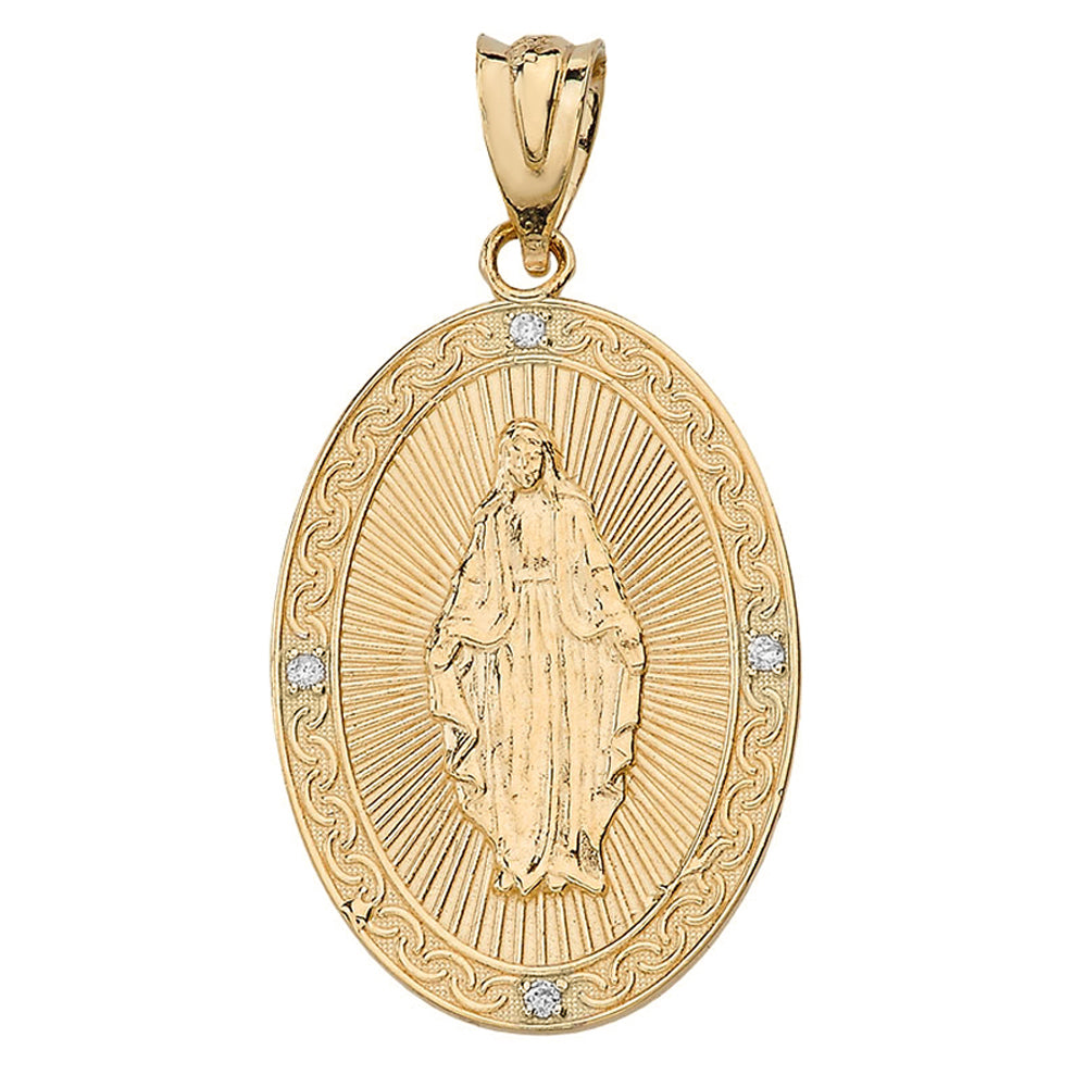 Mary Mother of Jesus Oval Medallion Diamond Pendant Necklace (Small) in Solid Gold, view 2