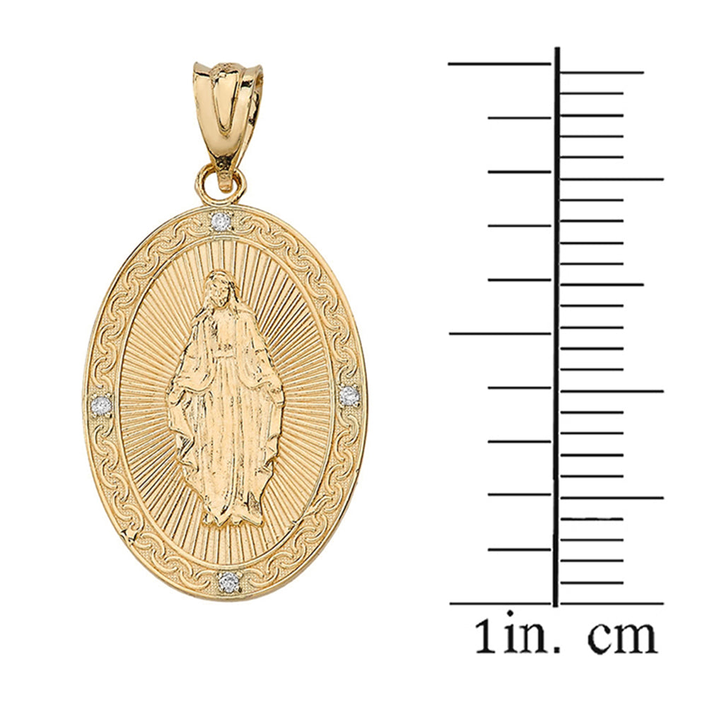 Mary Mother of Jesus Oval Medallion Diamond Pendant Necklace (Small) in Solid Gold, view 3