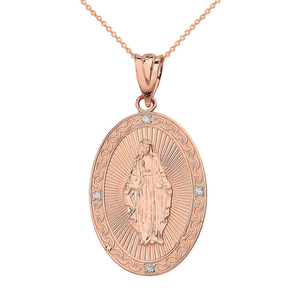 Mary Mother of Jesus Oval Medallion Diamond Pendant Necklace (Small) in Solid Gold, view 4