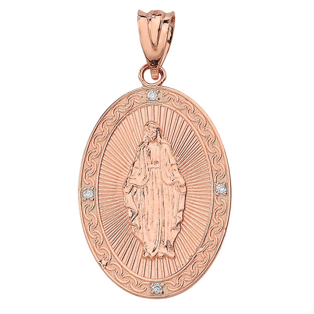 Mary Mother of Jesus Oval Medallion Diamond Pendant Necklace (Small) in Solid Gold, view 5
