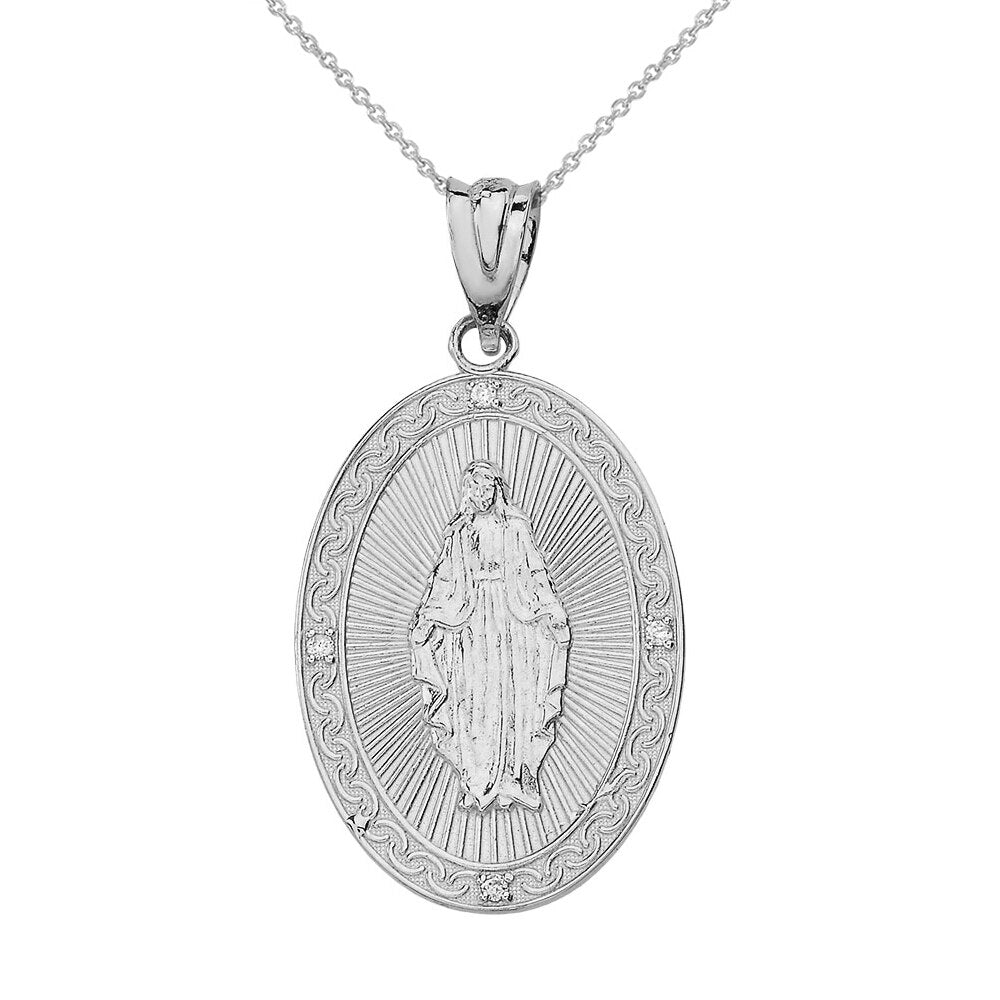 Mary Mother of Jesus Oval Medallion Diamond Pendant Necklace (Small) in Solid Gold, view 7