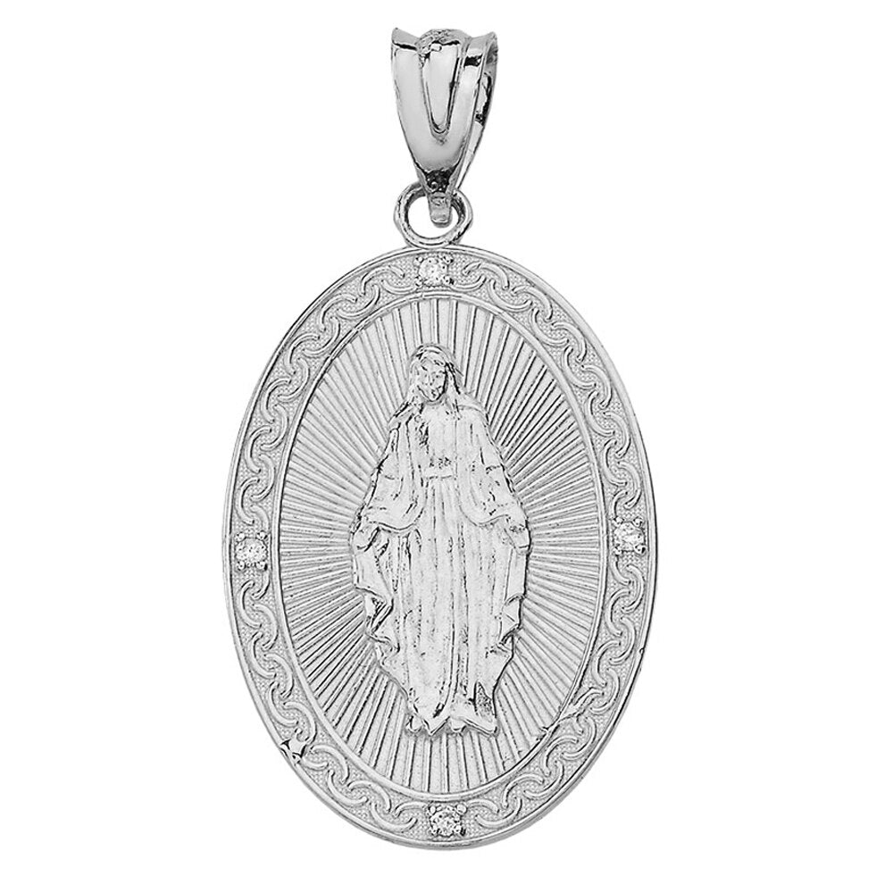 Mary Mother of Jesus Oval Medallion Diamond Pendant Necklace (Small) in Solid Gold, view 8
