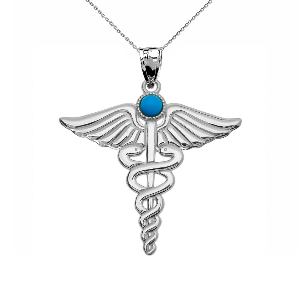 Medical Caduceus Turquoise Gemstone Pendant Necklace