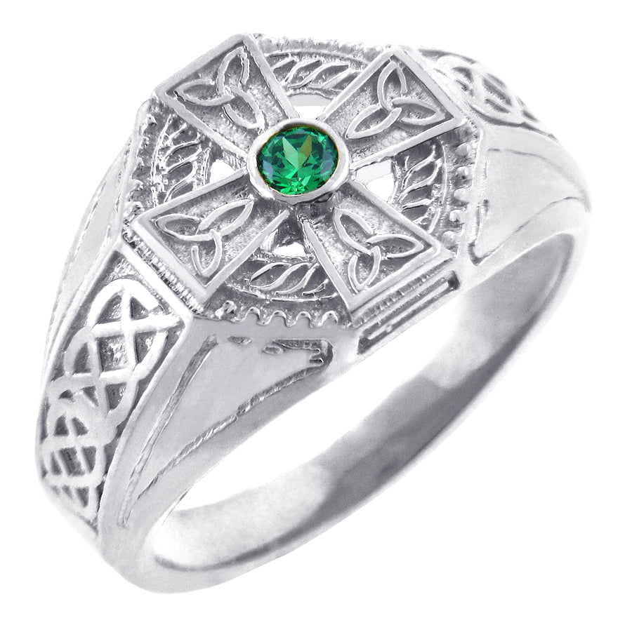 Men's Celtic Band- Silver Celtic Ring Men's with Emerald