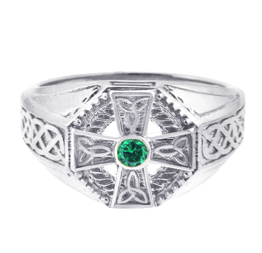 Men's Celtic Band- Silver Celtic Ring Men's with Emerald, view 3