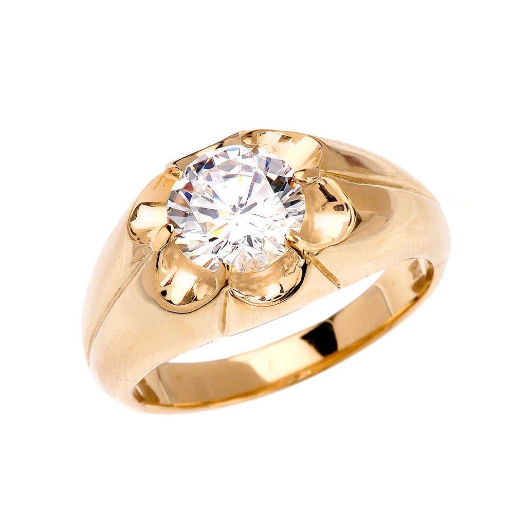 Men's Gold 4 Carat Cubic Zirconia Bold Solitaire Ring