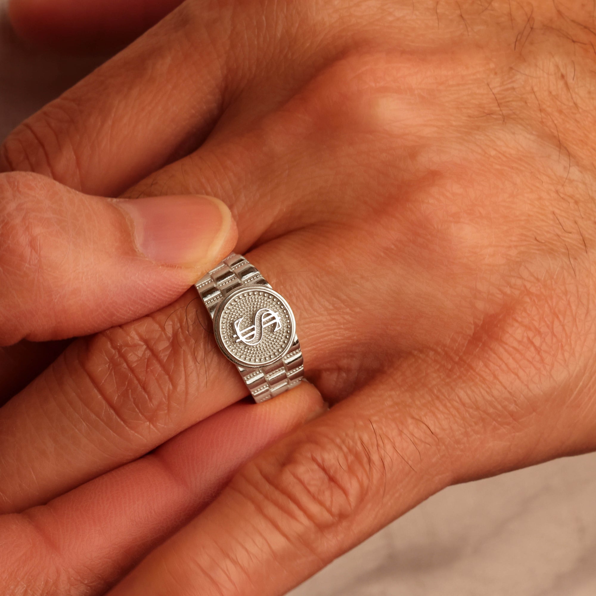 Men's Silver Dollar Symbol Signet Ring, view 2