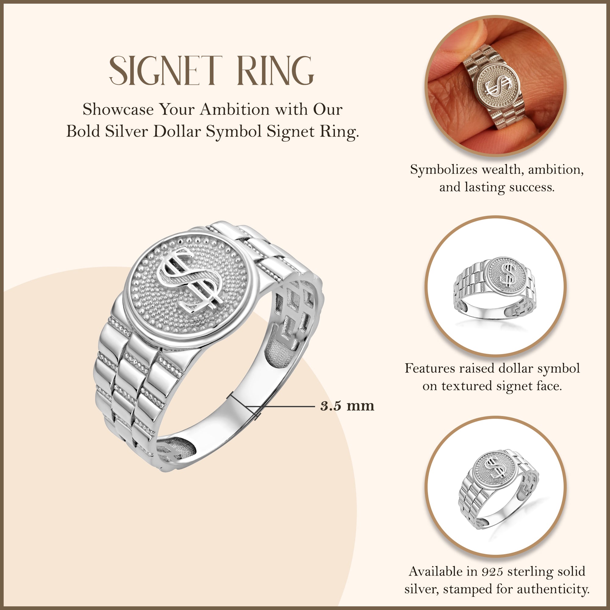 Men's Silver Dollar Symbol Signet Ring, view 3