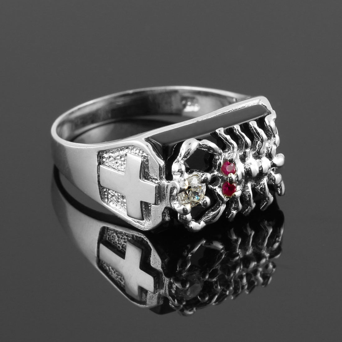 Men's Sterling Silver Black Onyx Scorpion Ring with Cross, view 2