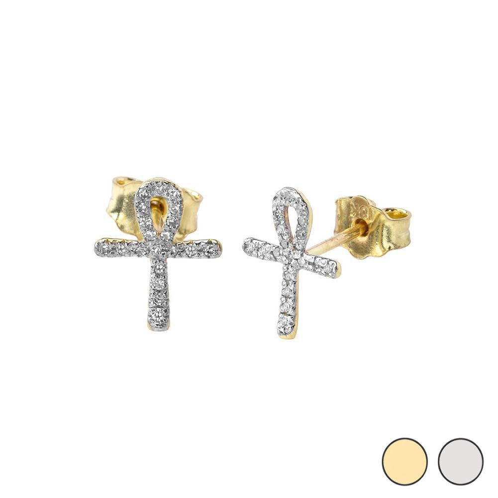 Mini Diamond Ankh Cross Earrings in Gold