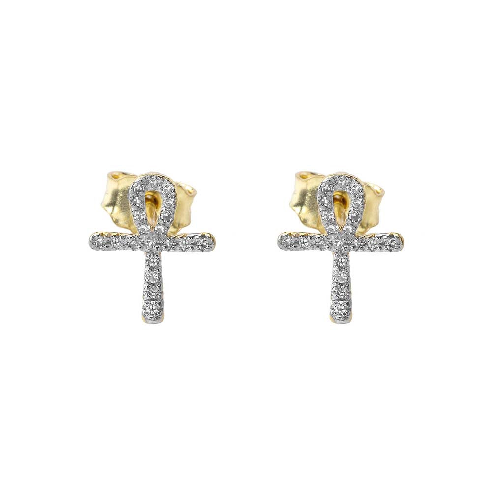 Mini Diamond Ankh Cross Earrings in Gold, view 2