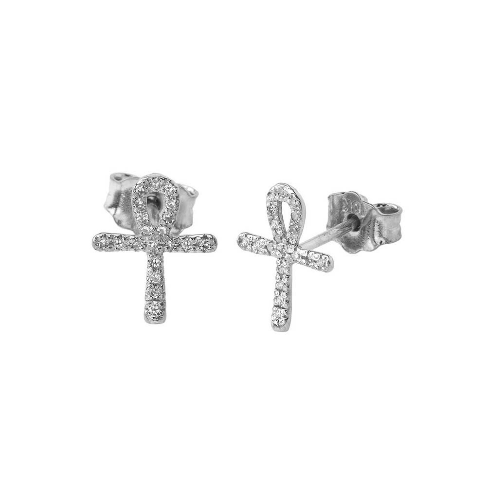 Mini Diamond Ankh Cross Earrings in Gold, view 4