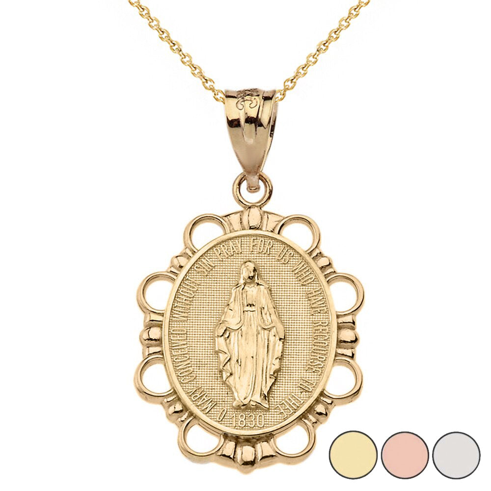 Miraculous Medal of Our Lady of Graces Pendant Necklace (Large) in Solid Gold