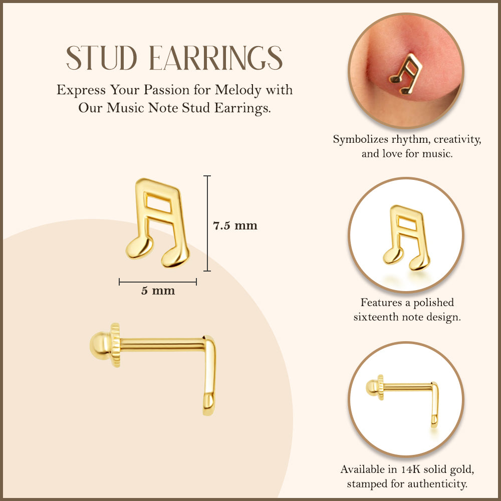 Music Note Stud Earrings in 14K Gold, view 3