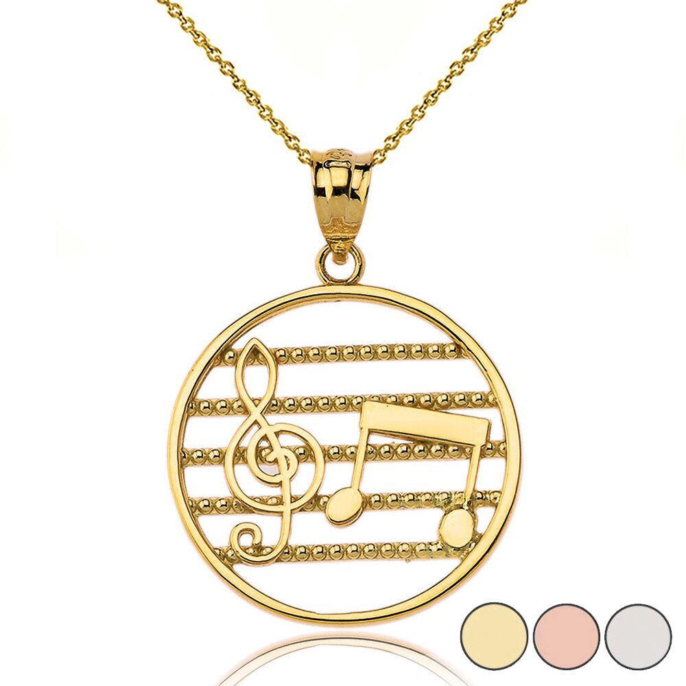 Music Notes Circle Pendant Necklace in Gold