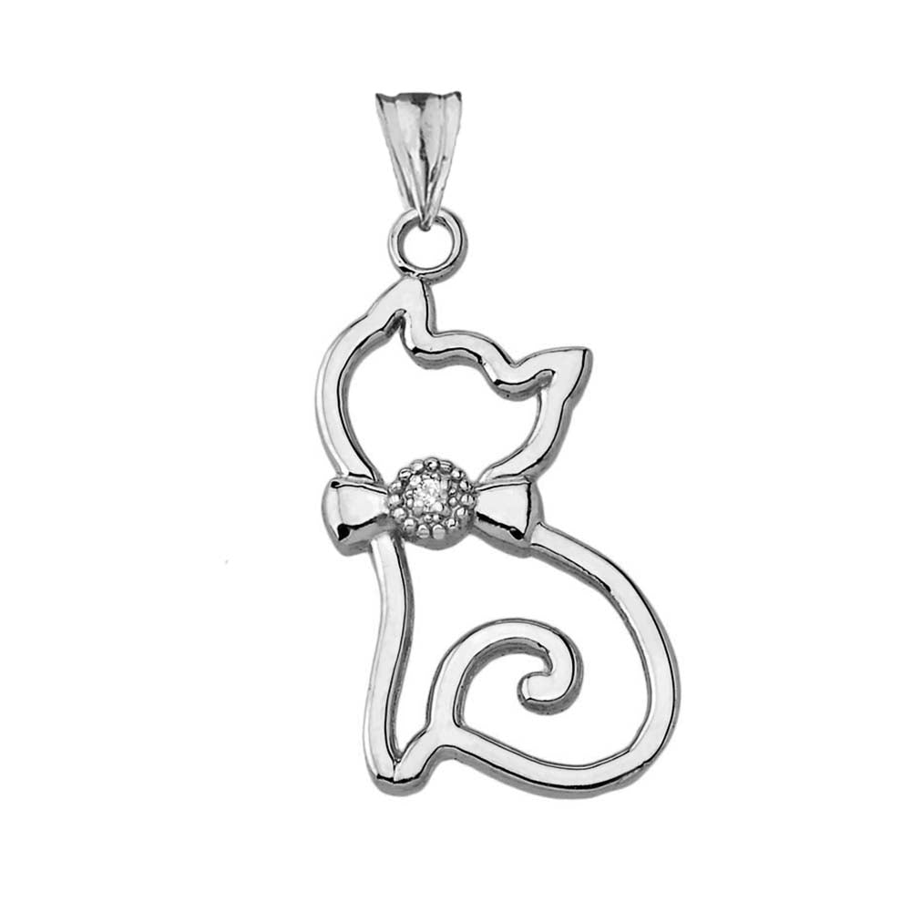 Openwork Diamond Cat Pendant Necklace in Sterling Silver, view 2