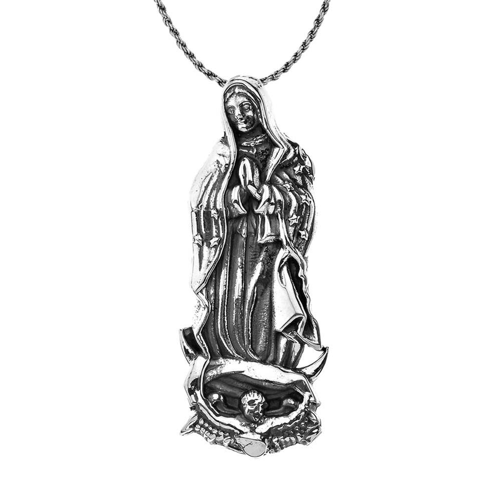 Our Lady Of Guadalupe Pendant Necklace in Oxidized Sterling Silver With Hidden Bail