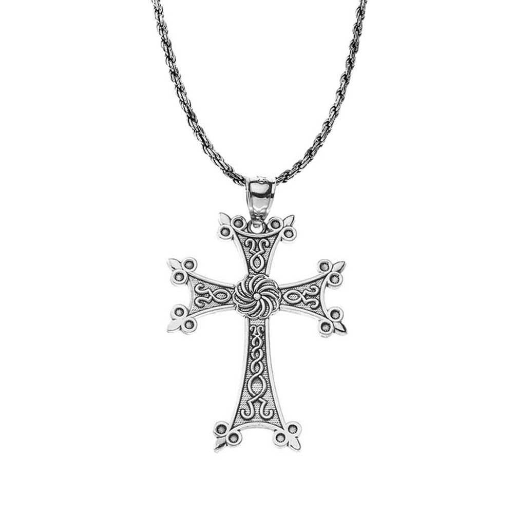 Oxidized Eternity Armenian Cross "Khachkar" Sterling Silver Pendant Necklace