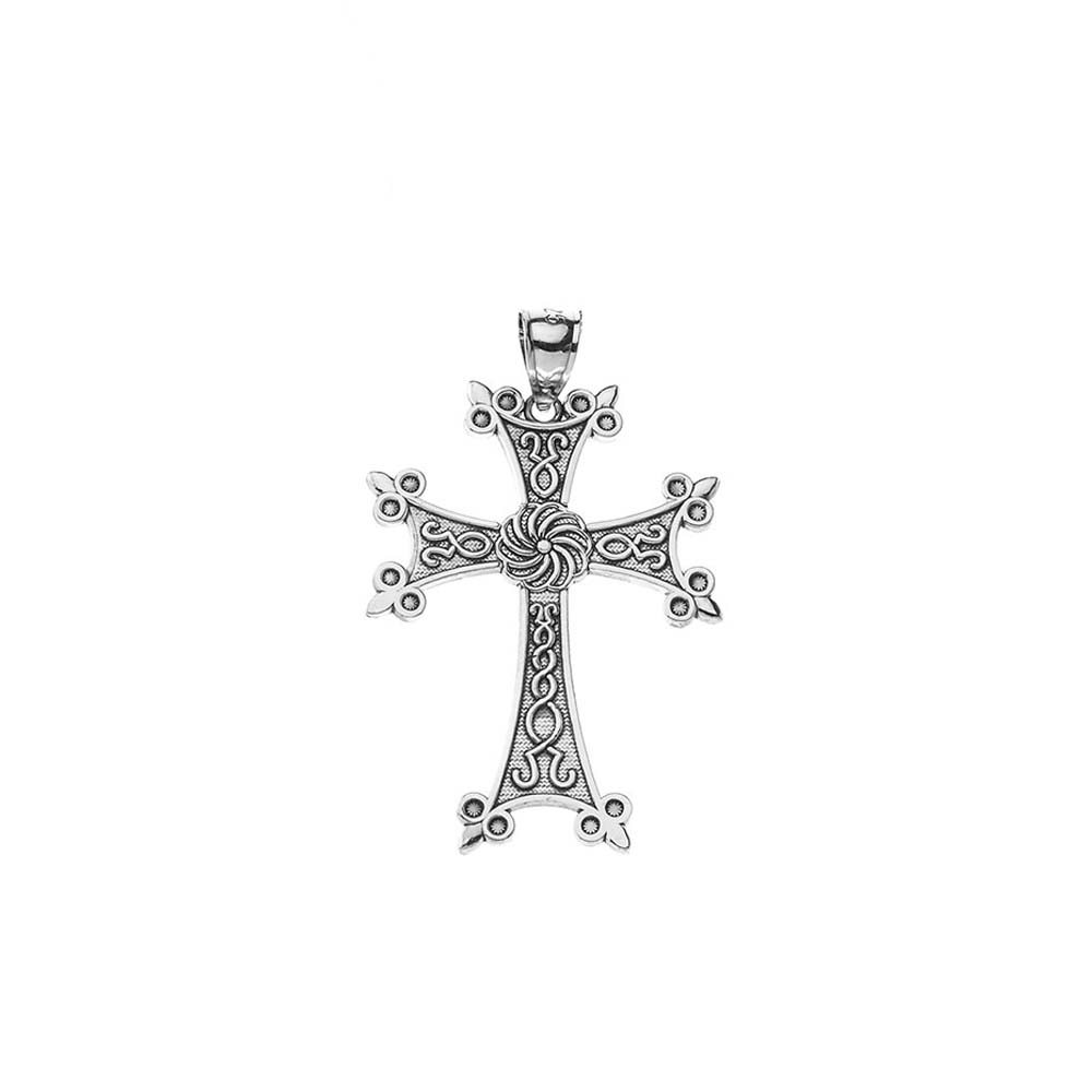 Oxidized Eternity Armenian Cross "Khachkar" Sterling Silver Pendant Necklace, view 2