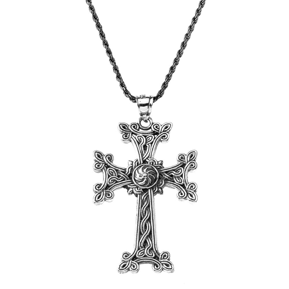 Oxidized Sterling Silver Eternity "Khachkar" Armenian Cross Pendant Necklace (Large)