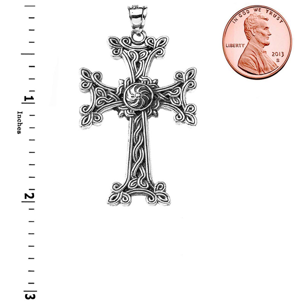 Oxidized Sterling Silver Eternity "Khachkar" Armenian Cross Pendant Necklace (Large), view 2